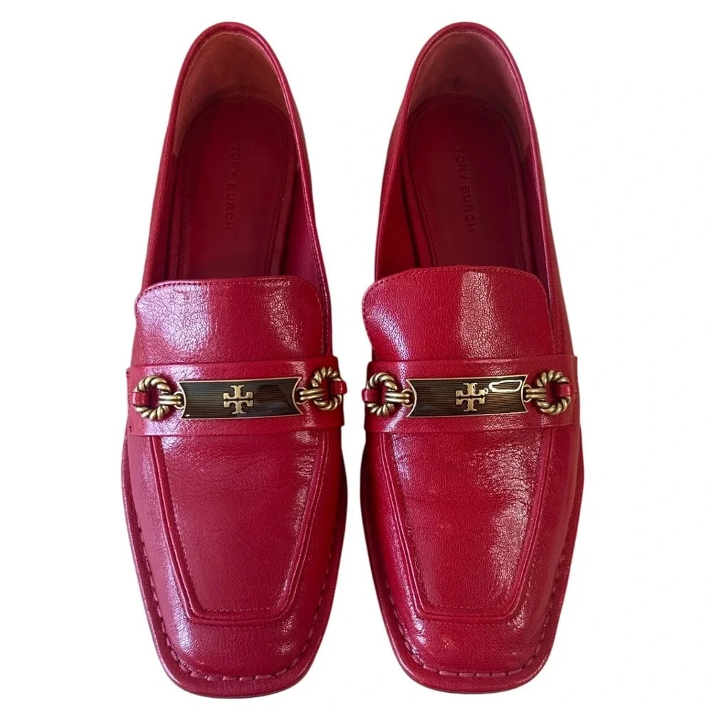 Tory Burch Perrine Loafers Tory Red Leather Square Toe Flats Size 8